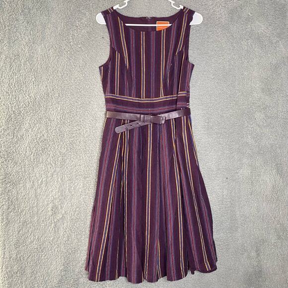 Modcloth Dresses & Skirts - Modcloth womens Aline purple striped knee length dress belted round neck M